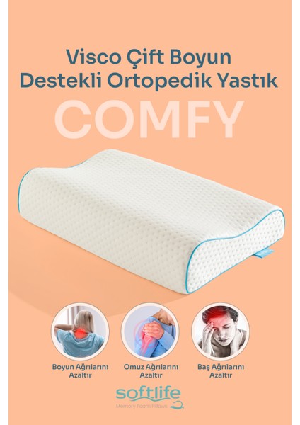 COMFY Visco Çift Boyun Destekli Ortopedik Visko Yastık - 60x40x12/10cm