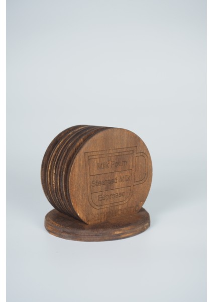 Kahve Temalı 6’lı Ahşap Bardak Altlığı Seti – Espresso / Latte / Cappuccino / Mocha / Americano / Macchiato