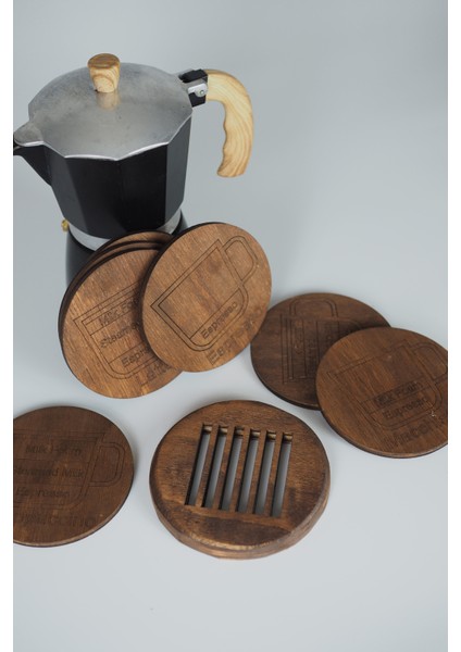 Kahve Temalı 6’lı Ahşap Bardak Altlığı Seti – Espresso / Latte / Cappuccino / Mocha / Americano / Macchiato fırsatları