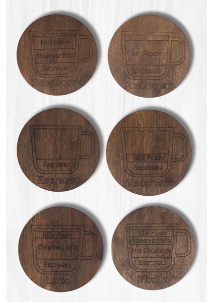 Kahve Temalı 6’lı Ahşap Bardak Altlığı Seti – Espresso / Latte / Cappuccino / Mocha / Americano / Macchiato indirimleri