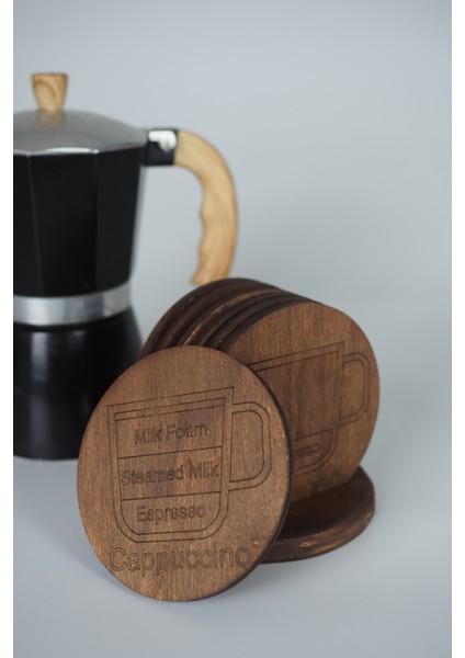 Kahve Temalı 6’lı Ahşap Bardak Altlığı Seti – Espresso / Latte / Cappuccino / Mocha / Americano / Macchiato