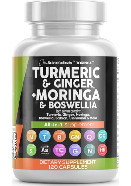 Turmeric Moringa Ginger Boswellia Saffron Ceylon Cinnamon, Tart Cherry, Quercetin Garlic Nettle Holy Basil 120 Capsul.