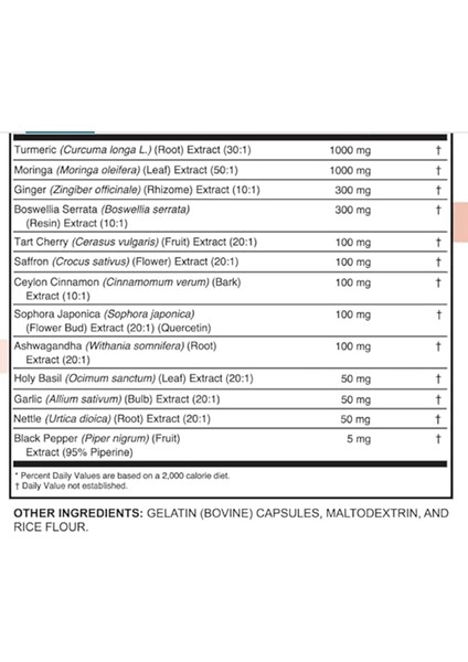 Turmeric Moringa Ginger Boswellia Saffron Ceylon Cinnamon, Tart Cherry, Quercetin Garlic Nettle Holy Basil 120 Capsul. modelleri