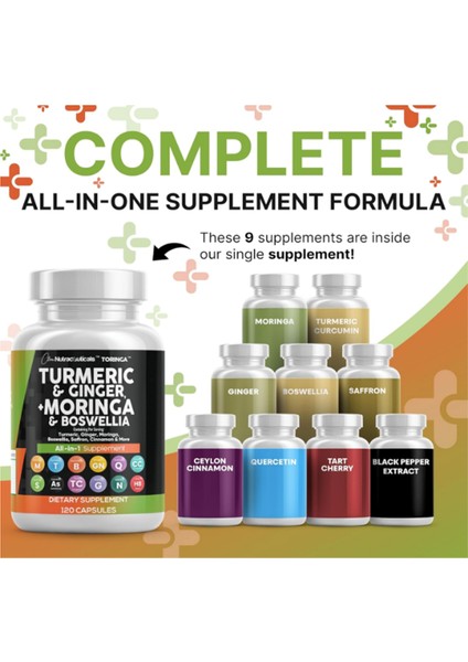 Turmeric Moringa Ginger Boswellia Saffron Ceylon Cinnamon, Tart Cherry, Quercetin Garlic Nettle Holy Basil 120 Capsul. fırsatları