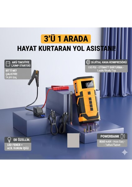 Çok Fonksiyonlu Taşınabilir Kompresör Akü Takviye Powerbank LED Fener 4’ü 1 Arada