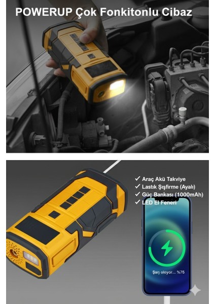 Çok Fonksiyonlu Taşınabilir Kompresör Akü Takviye Powerbank LED Fener 4’ü 1 Arada fırsatları