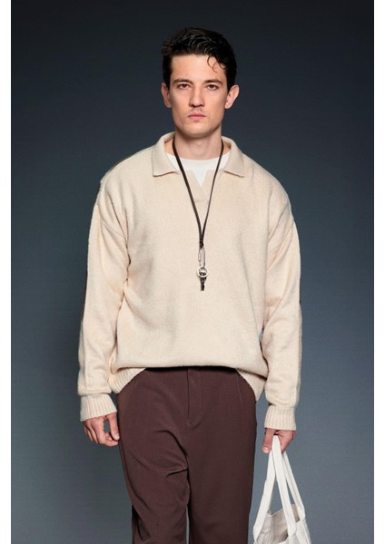 Erkek Polo Yaka Yumuşak Dokulu Oversize Kazak Taş
