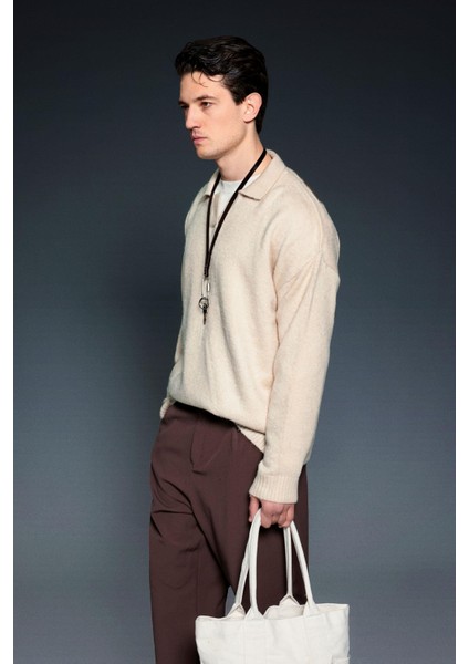 Erkek Polo Yaka Yumuşak Dokulu Oversize Kazak Taş