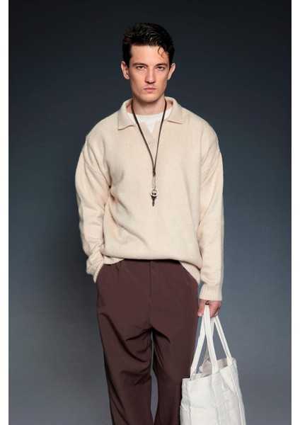 Erkek Polo Yaka Yumuşak Dokulu Oversize Kazak Taş