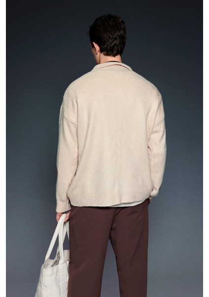 Erkek Polo Yaka Yumuşak Dokulu Oversize Kazak Taş