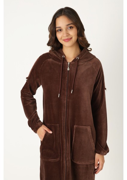 Kadın Haki Kapüşonlu Fermuarlı Pamuklu Kadife Cepli Elbise fiyatları
