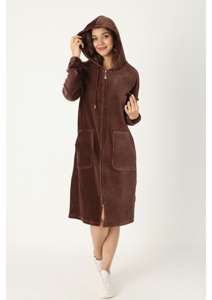 Kadın Haki Kapüşonlu Fermuarlı Pamuklu Kadife Cepli Elbise modelleri