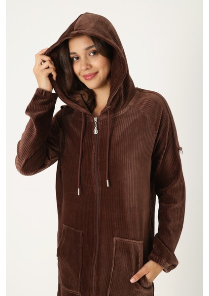 Kadın Haki Kapüşonlu Fermuarlı Pamuklu Kadife Cepli Elbise fırsatları