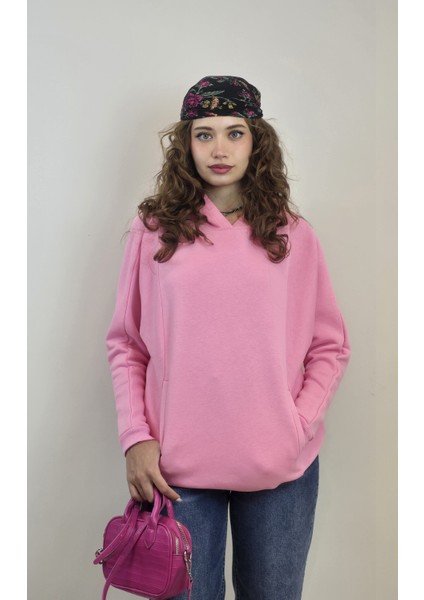 Kadın Kapüşonlu Kanguru Cepli Uzun Kol Oversize Sweatshirt