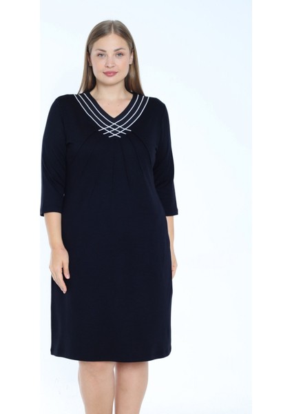 Siyah Şerit Detaylı Cepli Truvakar Kollu Pamuklu Interlok V Yaka Kadın Büyük Beden Elbise