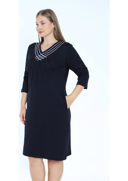 Siyah Şerit Detaylı Cepli Truvakar Kollu Pamuklu Interlok V Yaka Kadın Büyük Beden Elbise fiyatları