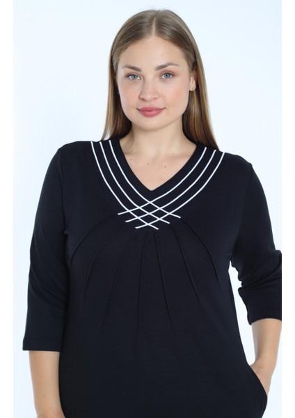 Siyah Şerit Detaylı Cepli Truvakar Kollu Pamuklu Interlok V Yaka Kadın Büyük Beden Elbise modelleri