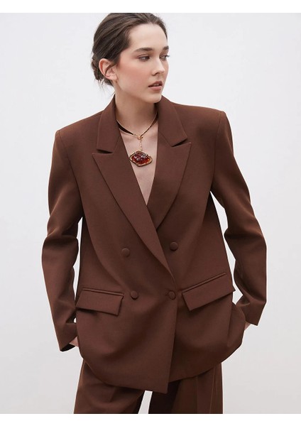 Soulife Kahverengi Krep Kadın Blazer Ceket