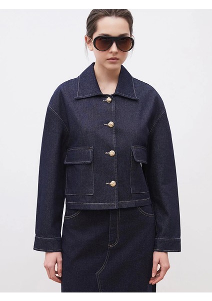 Soulife Lacivert Gömlek Yaka Kadın Jean Ceket