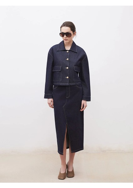 Soulife Lacivert Gömlek Yaka Kadın Jean Ceket fiyatları