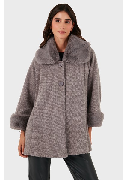 Via Dante Oversize Fit Ceket Yaka Düğmeli Kürk Mont Bayan Mont 6858060