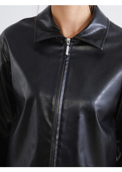 Soulife Siyah Gömlek Yaka Kadın Deri Görünümlü Ceket modelleri