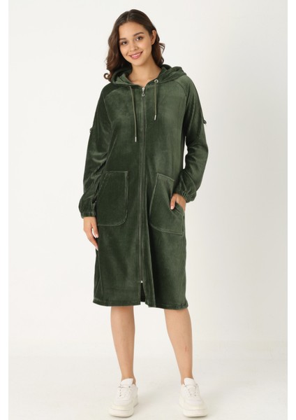 Kadın Haki Kapüşonlu Fermuarlı Pamuklu Kadife Cepli Elbise