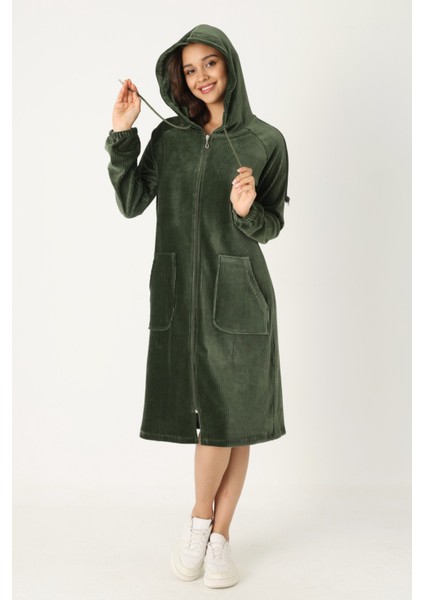 Kadın Haki Kapüşonlu Fermuarlı Pamuklu Kadife Cepli Elbise fiyatları