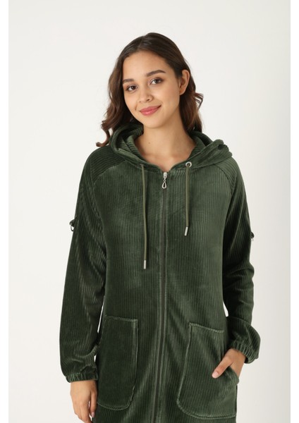 Kadın Haki Kapüşonlu Fermuarlı Pamuklu Kadife Cepli Elbise modelleri
