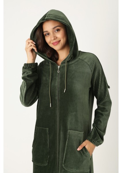 Kadın Haki Kapüşonlu Fermuarlı Pamuklu Kadife Cepli Elbise fırsatları