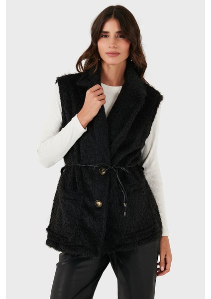 Via Dante Regular Fit Kruvaze Yaka Bağlama Detaylı Kürk Yelek Bayan Yelek 68821807