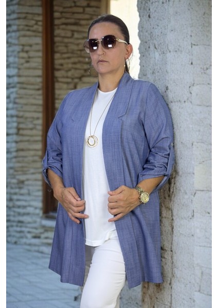 Kısa Kol Bisiklet Yaka Bluz Katlanabilir Kol Şal Yaka Tnsel Kumaş Ceket Ikili Takım