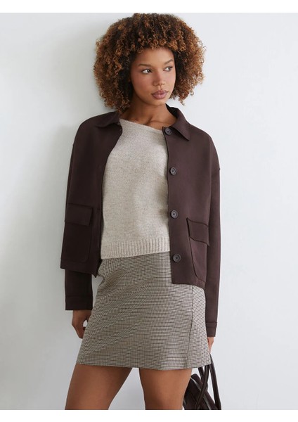 Xsıde Kahverengi Gömlek Yaka Oversize Süet Görünümlü Kadın Ceket