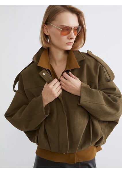 Lcw Vision Haki Gömlek Yaka Oversize Kadın Süet Görünümlü Ceket