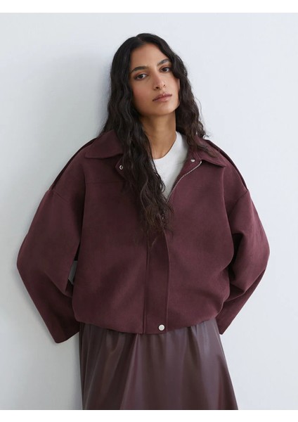 Lcw Modest Bordo Gömlek Yaka Kadın Süet Görünümlü Ceket