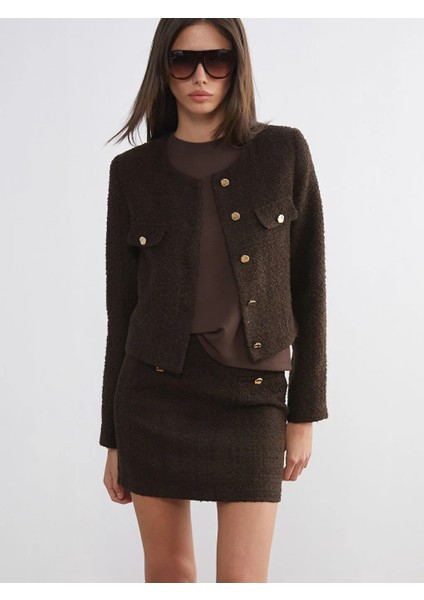 Lcw Vision Kahverengi Bisiklet Yaka Dokulu Kadın Tüvit Ceket