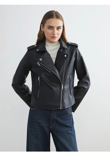 Lcw Eco Siyah Biker Yaka Kadın Deri Görünümlü Ceket