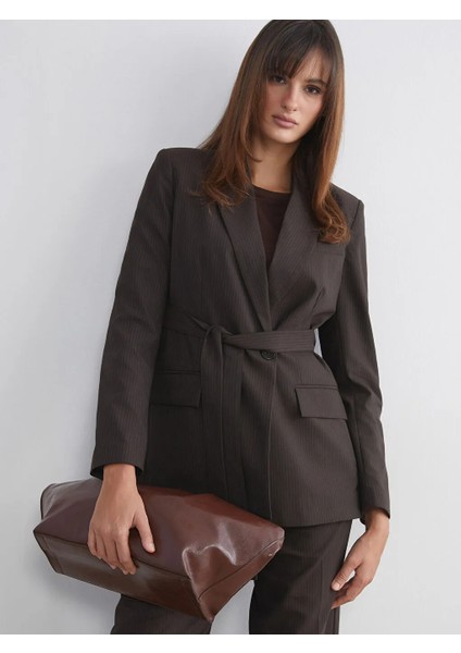 Lcw Vision Kahverengi Çizgili Beli Kuşaklı Kadın Blazer Ceket