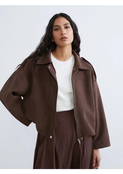 Lcw Modest Kahverengi Gömlek Yaka Kadın Süet Görünümlü Ceket