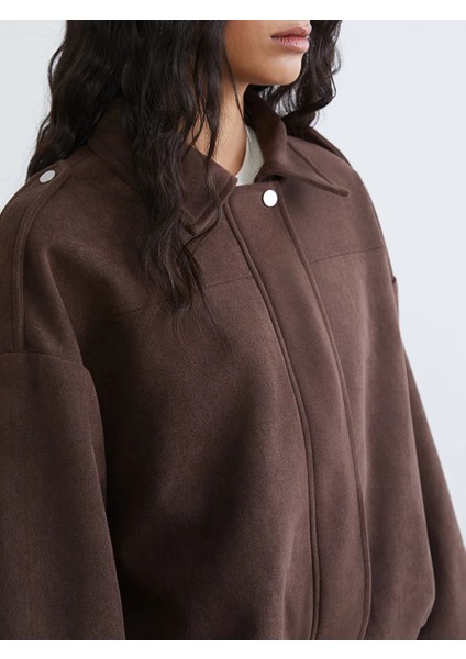 Lcw Modest Kahverengi Gömlek Yaka Kadın Süet Görünümlü Ceket modelleri
