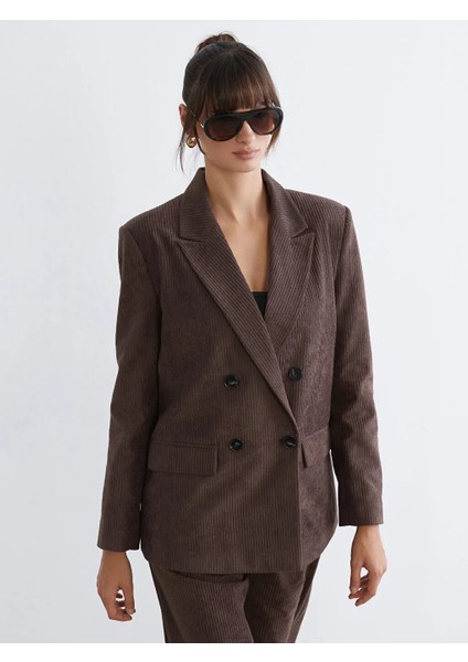 Soulife Kahverengi Kruvaze Yaka Kadın Kadife Blazer Ceket