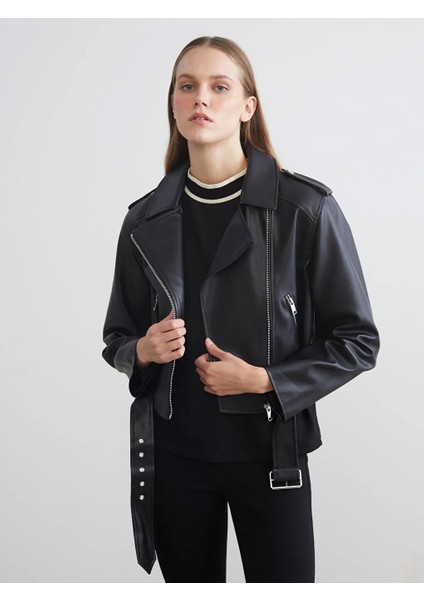 Lcw Eco Siyah Gömlek Yaka Kadın Deri Görünümlü Ceket