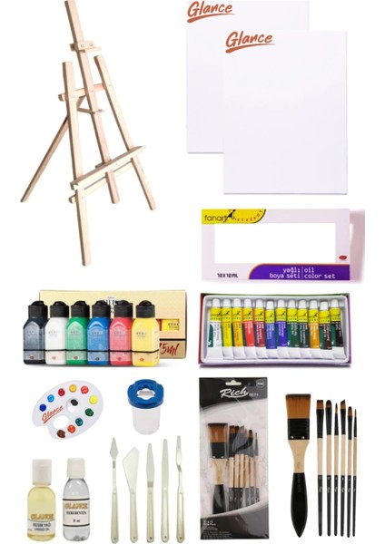 Fanart Yağlı Boya Seti 12X12 ML-35X50-2'LI Tuval-Akrilik Boya 6X75 ml Canlı Renkler Şövale Seti