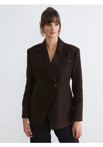 Soulife Kahverengi Kruvaze Yaka Kadın Kaşe Blazer Ceket