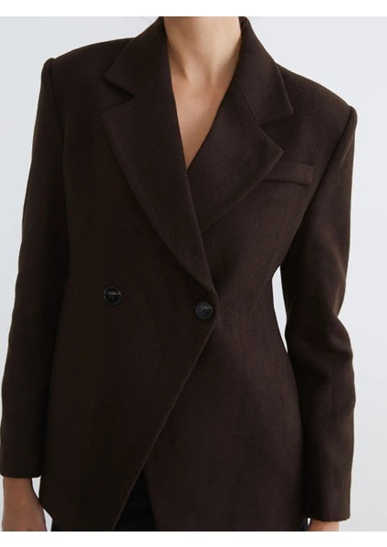 Soulife Kahverengi Kruvaze Yaka Kadın Kaşe Blazer Ceket modelleri