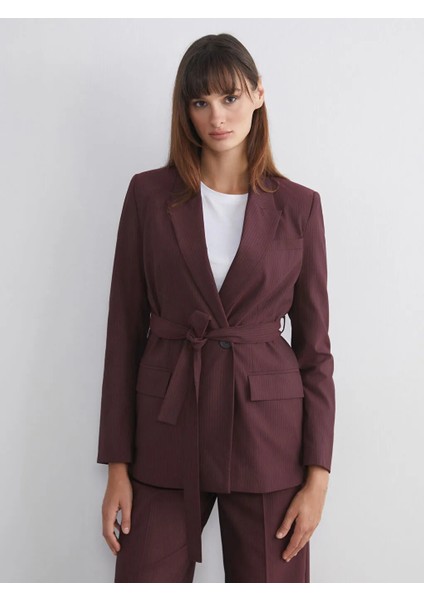 Lcw Vision Bordo Çizgili Beli Kuşaklı Kadın Blazer Ceket