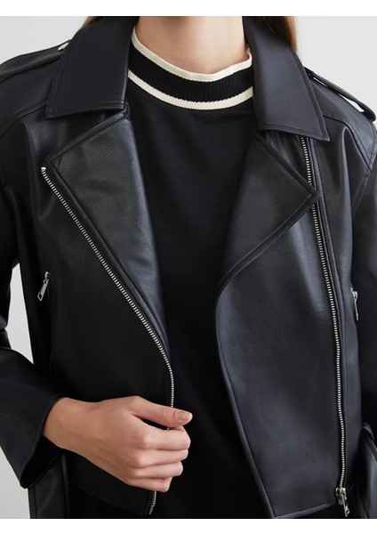 Lcw Eco Siyah Gömlek Yaka Kadın Deri Görünümlü Ceket modelleri