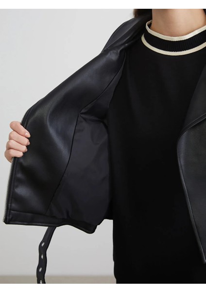 Lcw Eco Siyah Gömlek Yaka Kadın Deri Görünümlü Ceket fırsatları