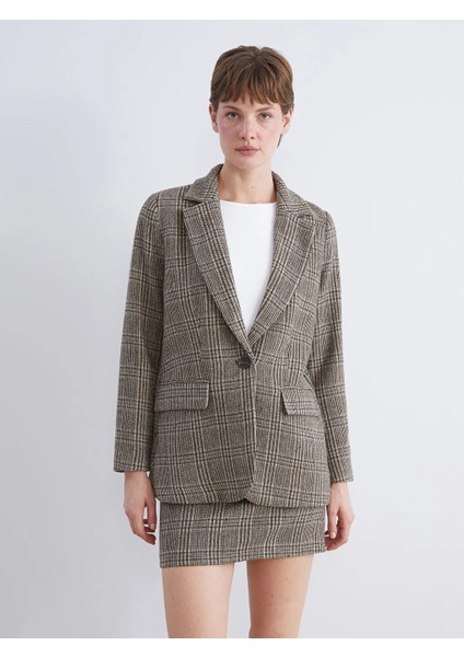 Lcw Vision Kahverengi V Yaka Ekose Kadın Kaşe Blazer Ceket