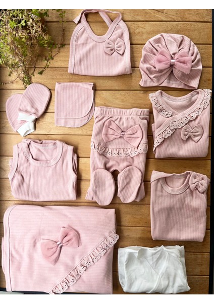 %100 Pamuk Kız Bebek Raporlu Fistolu 10’lu Yenidoğan Hastane Çıkışı Zıbın Seti Kutulu-Gül Kurusu